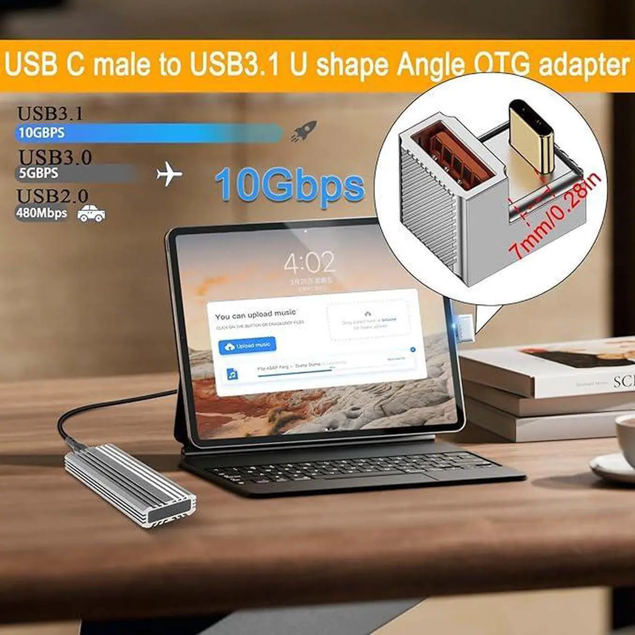 Alt view image 3 of 6 - 120W U Shape Angle USB C to USB 3.1 OTG Adapter 10Gbps Type C Male to USB3.1 Female 180 Degree Quick Charging Data Connector,Zn Alloy/LED Light, for Smartphone Tablet
