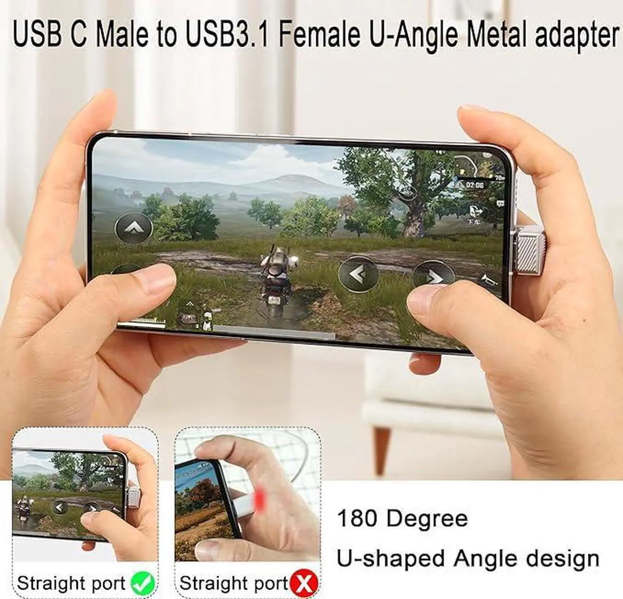 Alt view image 4 of 6 - 120W U Shape Angle USB C to USB 3.1 OTG Adapter 10Gbps Type C Male to USB3.1 Female 180 Degree Quick Charging Data Connector,Zn Alloy/LED Light, for Smartphone Tablet