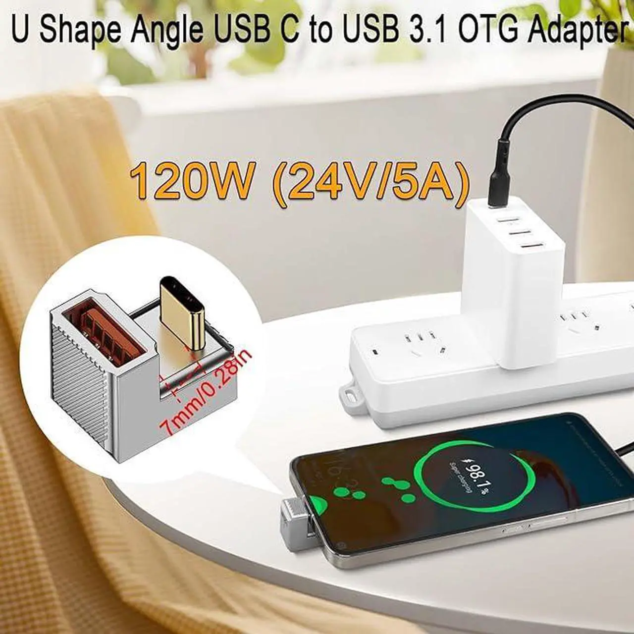 Alt view image 6 of 6 - 120W U Shape Angle USB C to USB 3.1 OTG Adapter 10Gbps Type C Male to USB3.1 Female 180 Degree Quick Charging Data Connector,Zn Alloy/LED Light, for Smartphone Tablet