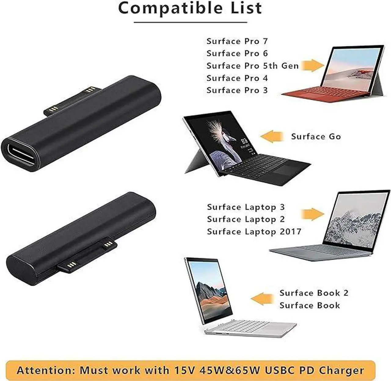 Alt view image 4 of 6 - 15V 3A Type-c Female to Surface Magnetic Charging Adapter, Compatible with Surface Pro 3/4/5/6/7/X, Laptop 1/2/3 & Surface Book/Go[2 PCS, Black Female]