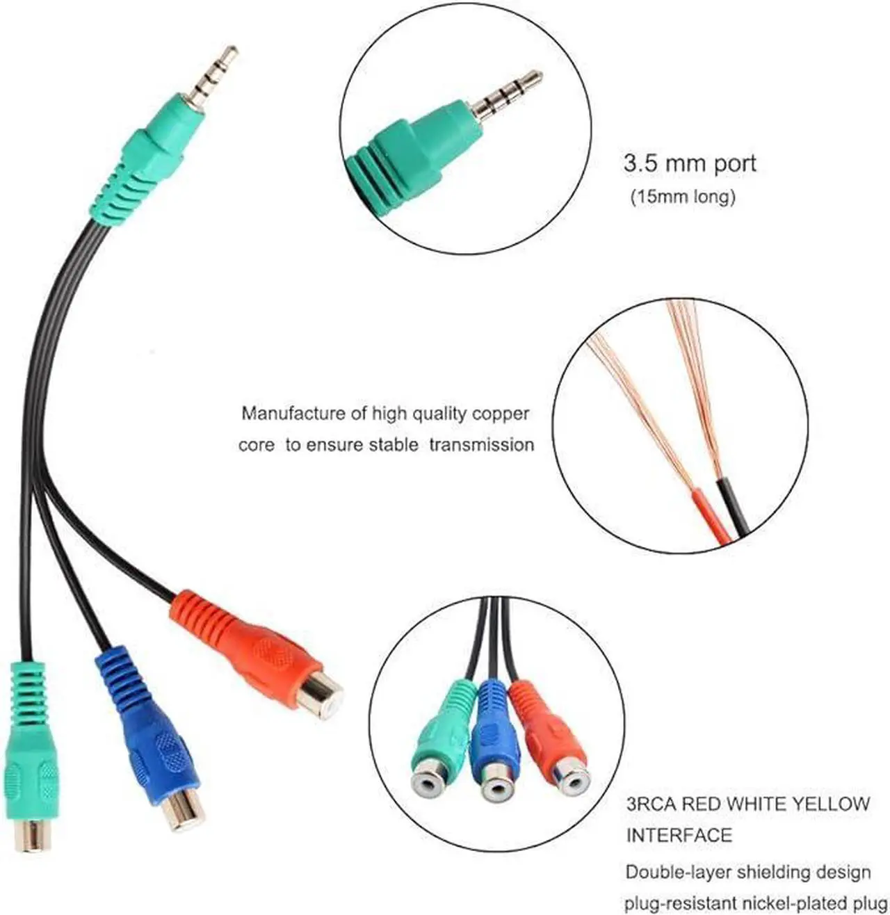 Alt view image 6 of 6 - RCA Component Video Cable, 3.5mm Stereo Male to 3 RCA Female RGB Adapter CBF Signal Cable for Samsung, LG LED TV by QUEENTI