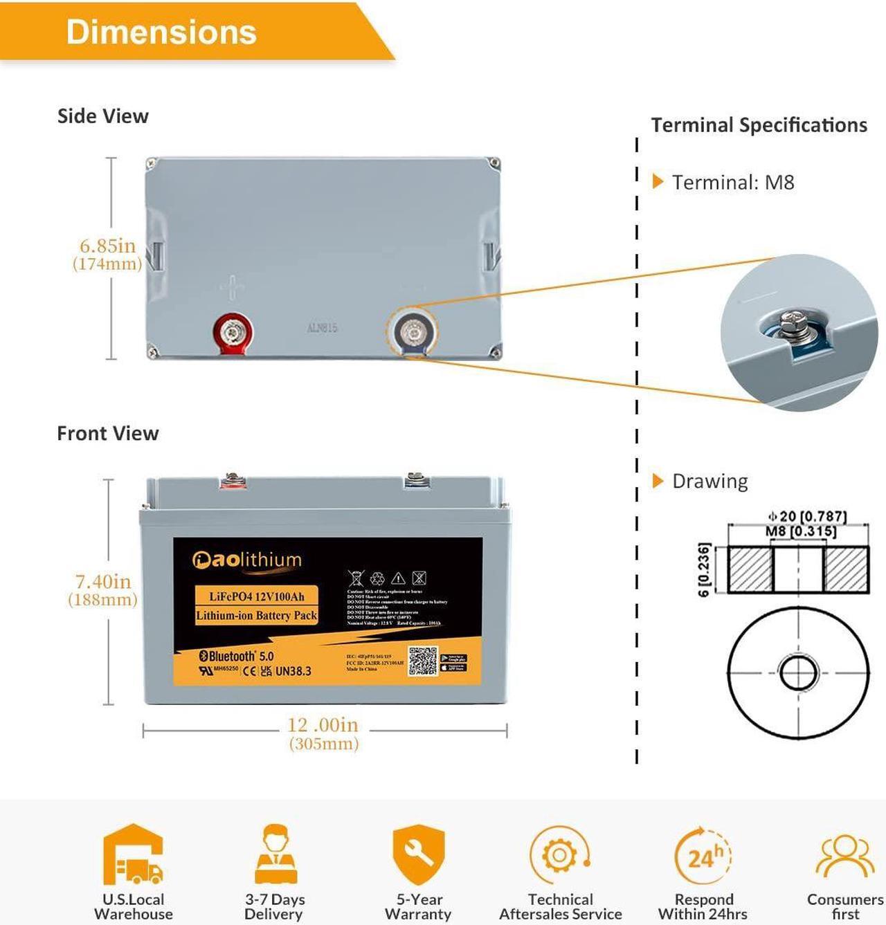 Alt view image 2 of 7 - 12V 100Ah LiFePO4 Deep Cycle Lithium Battery for RV Solar System Marine