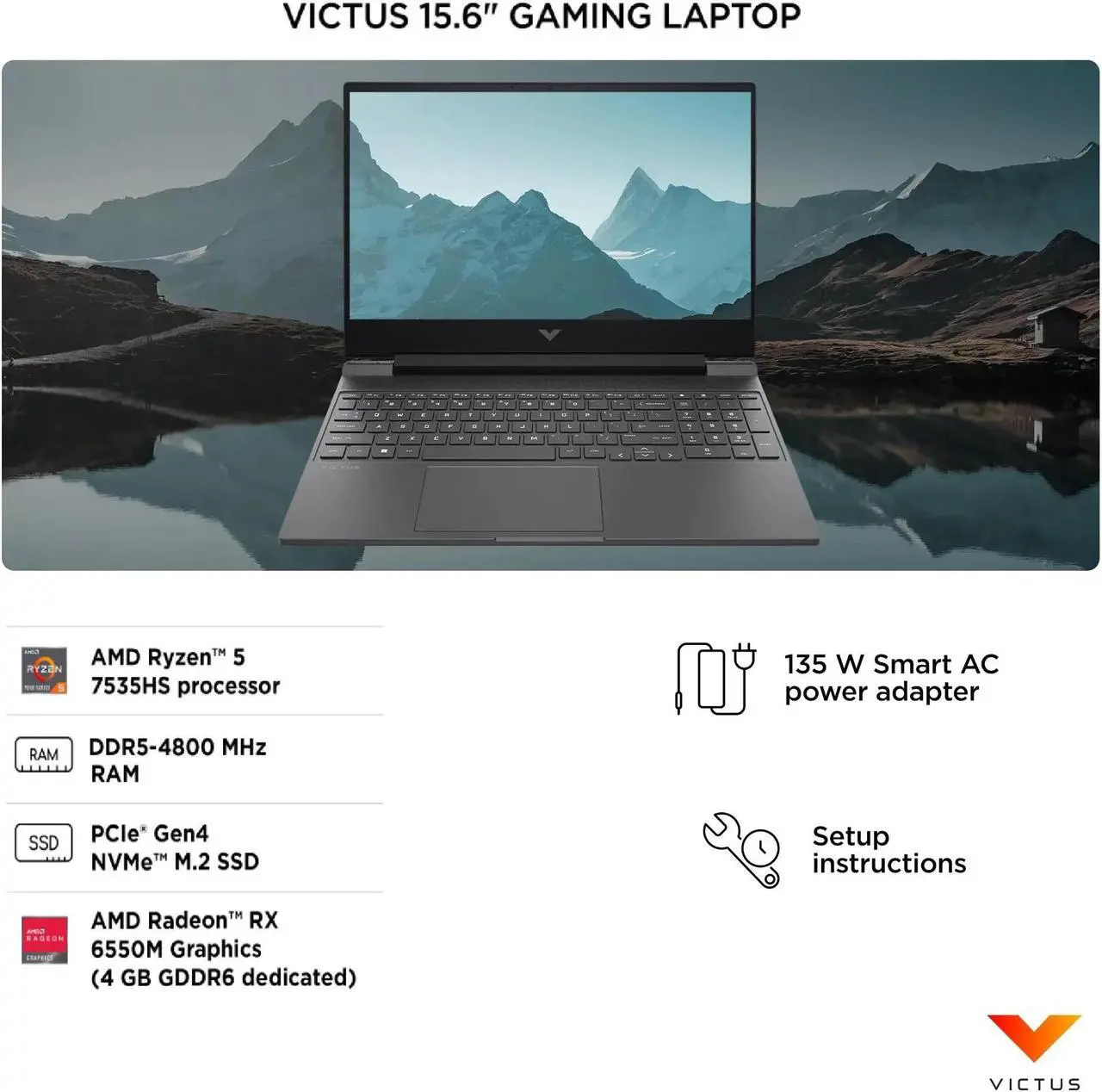 Alt view image 6 of 7 - HP Victus Gaming 15.6" 144Hz FHD AMD Ryzen 5-7535HS (Beats i7-13620H) AMD Radeon RX 6550M (Beats GeForce RTX 4050) 64GB DDR5 RAM 1TB SSD HDMI 2.1 USB-C Backlit Wi-Fi 6 Bluetooth Windows 11 Pro