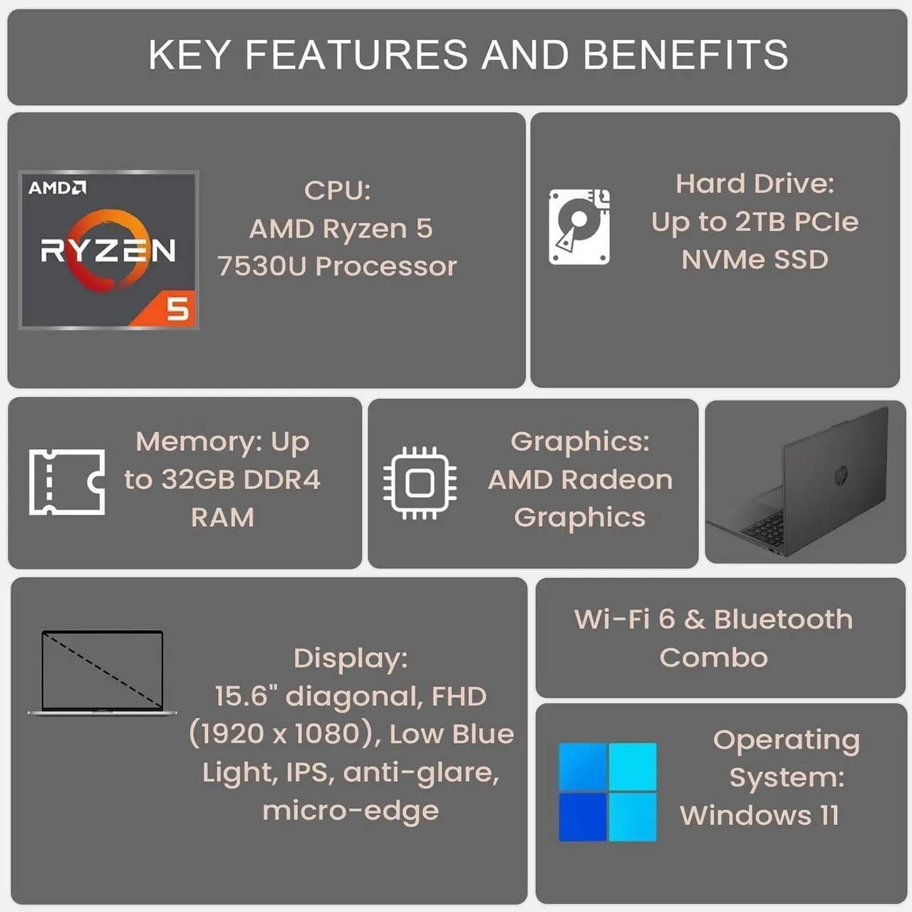 Alt view image 2 of 6 - HP 255 G10 Business Laptop 15.6" Full HD AMD Ryzen 5 7530U (Beats i5-1335U) 16GB DDR4 Memory 512GB PCIe SSD AMD Radeon Graphics Wi-Fi 6 Bluetooth 5.3 Webcam, HDMI USB-C 3.2 Windows 11 Pro Grey