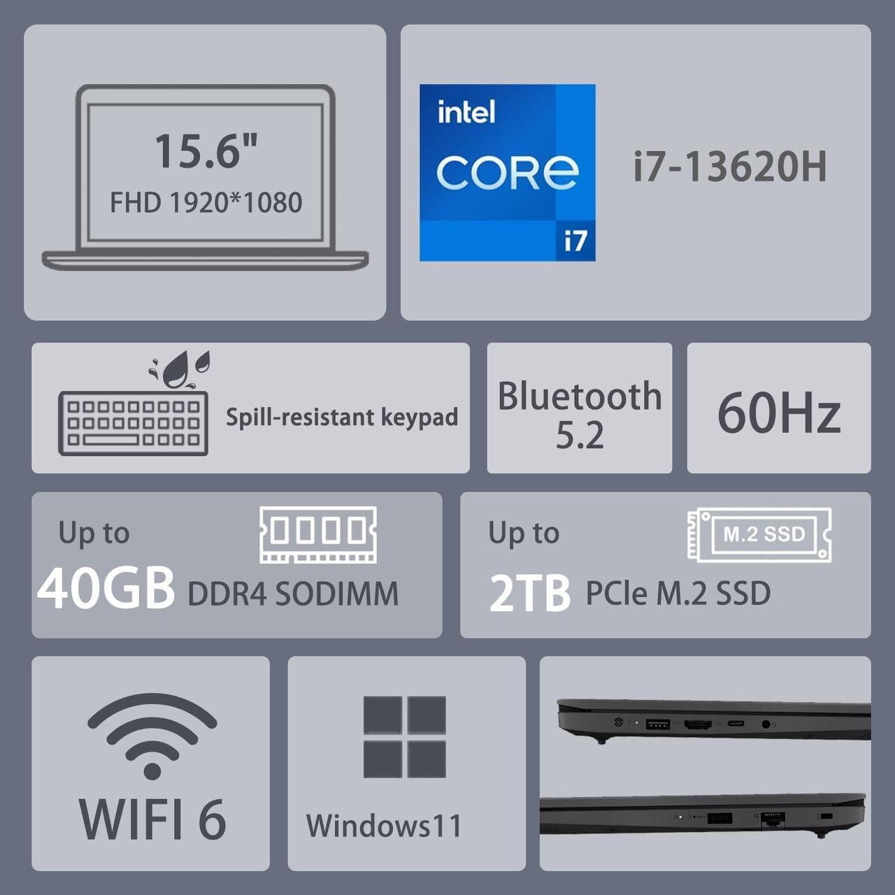 Alt view image 5 of 7 - Lenovo V-Series V15 G4 15.6" Full HD Business Laptop Intel Core i7-13620H 40GB RAM 1TB SSD HDMI RJ45 Webcam Wi-Fi Bluetooth USB-C 3.2 Numeric Keypad Windows 11 Pro Black