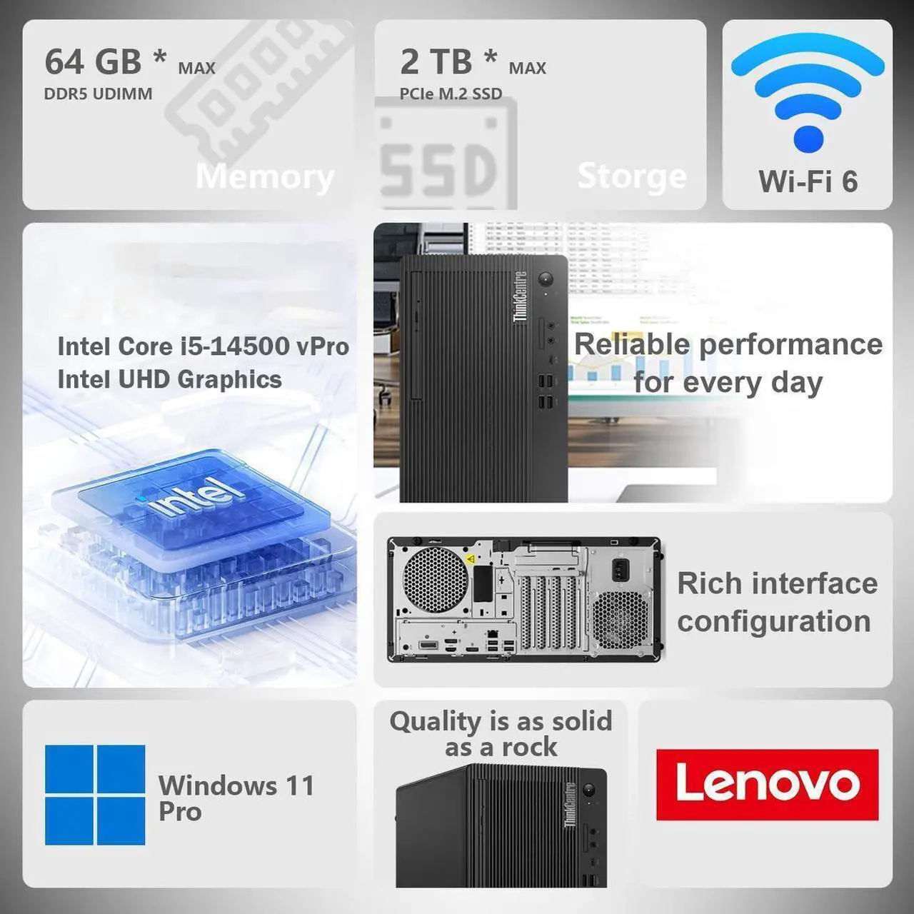 Alt view image 2 of 7 - Lenovo Business Desktop ThinkCentre M70t Gen 5 Intel Core i5-14500 vPro (Beat i7-13650HX) 32GB DDR5 RAM 2TB SSD UHD Graphics 770 Wi-Fi 6 Bluetooth Wired Keyboard & Mouse HDMI Windows 11 Pro Black