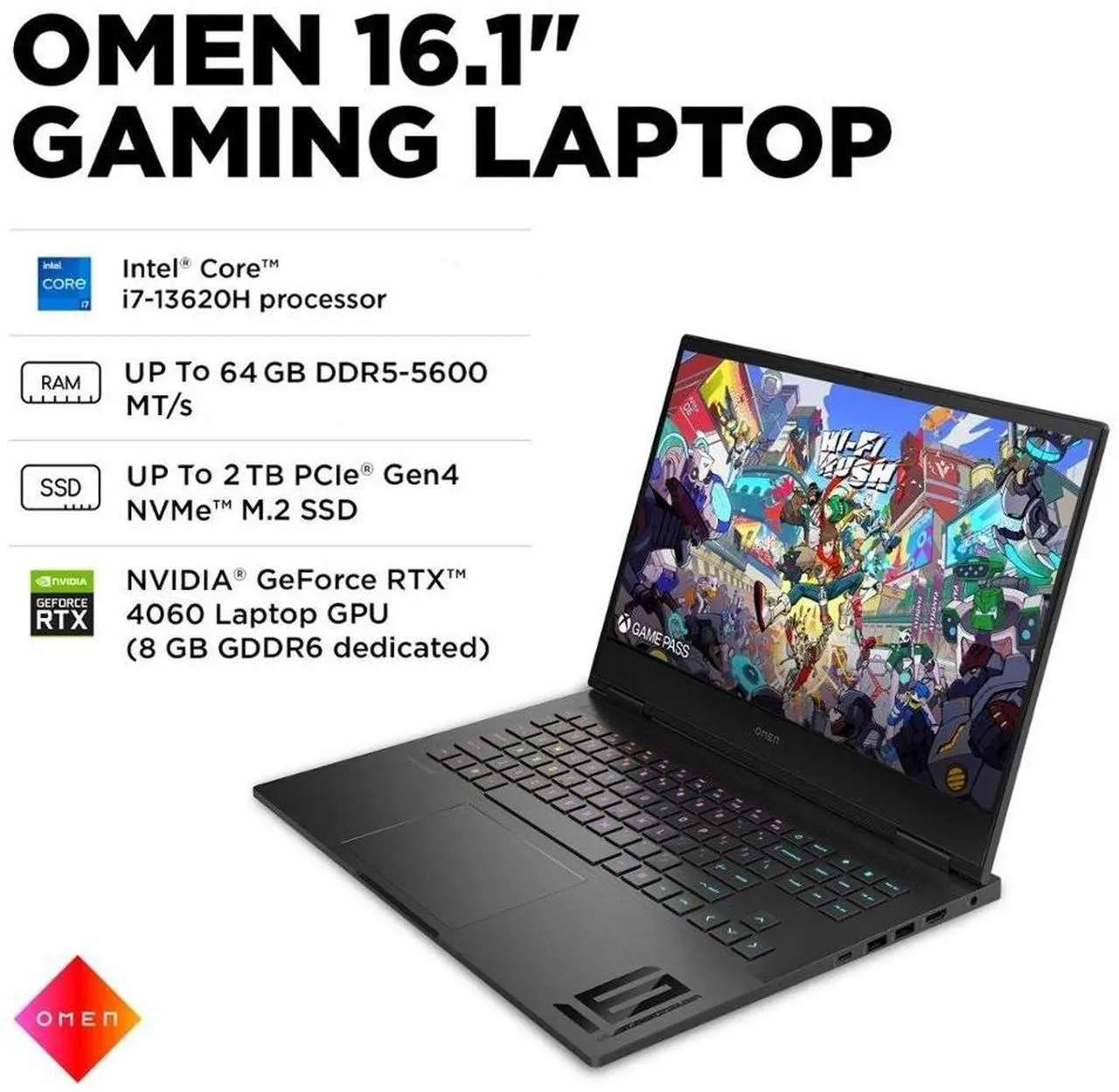 Alt view image 4 of 7 - HP OMEN 16.1" IPS 165Hz Full HD Gaming Intel Core i7-13620H NVIDIA GeForce RTX 4060 GDDR6 32GB DDR5 RAM 1TB SSD RGB Backlit KB Wi-Fi 6E HDMI G-SYNC Windows 11 Pro Black