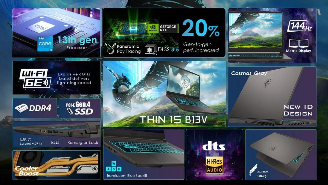 Alt view image 3 of 7 - MSI Thin 15.6" FHD 144Hz Gaming Laptop NVIDIA GeForce RTX 4060 Intel Core i5-13420H (Beat i7-12650H) 32GB RAM 2TB SSD WiFi 6E Bluetooth 5.3 Backlit KB Webcam HDMI USB-C RJ45 Windows 11 Pro Gray