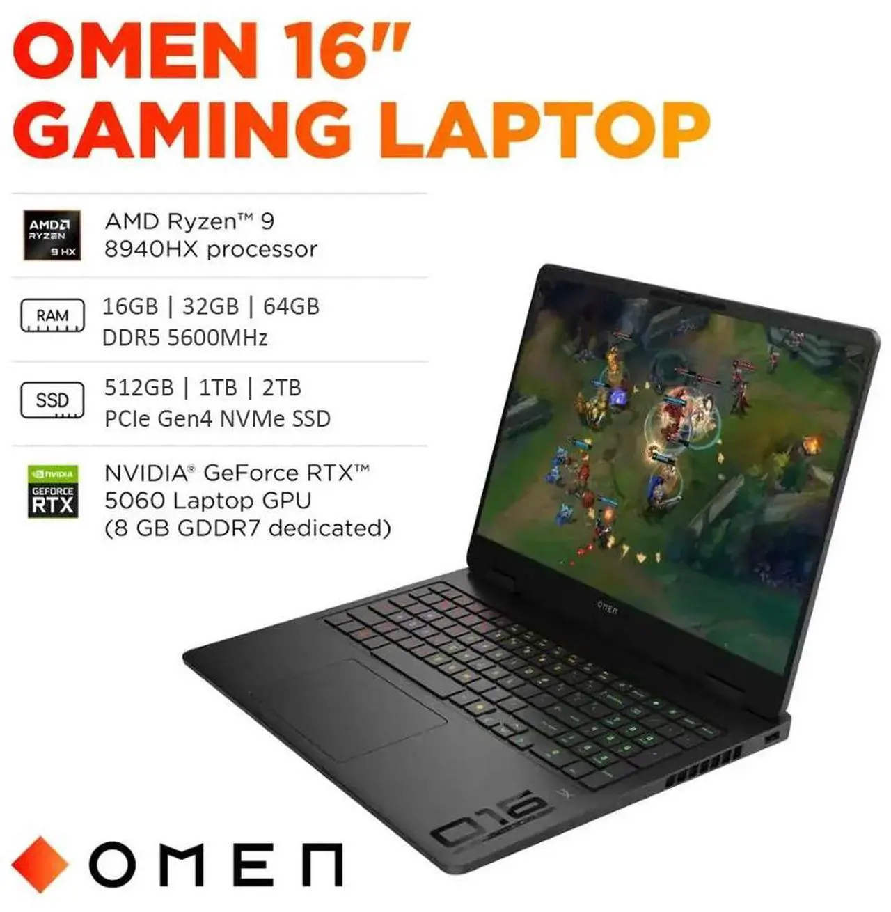 Alt view image 2 of 7 - HP OMEN 16" IPS FHD+ 144Hz Gaming Laptop NVIDIA GeForce RTX 5060 8GB GDDR7 AMD Ryzen 9 8940HX (> i9-14900HX) 16GB DDR5 RAM 1TB SSD  RGB Backlit KB HDMI 2.1  Wi-Fi 6E BT 5.3 Win 11 Pro Shadow Black