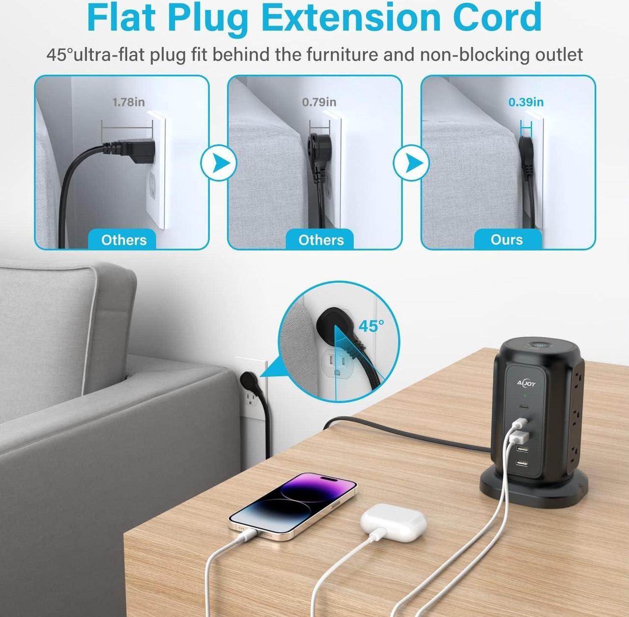 Alt view image 4 of 6 - Flat Plug Power Strip Tower with 9 Outlets and 5 USB Ports (2 USB C), AiJoy Surge Protector with 6.5 Feet 1625W/13A Extension Cord, 1200J Surge Protection for Home Office Supplies Desk Accessories