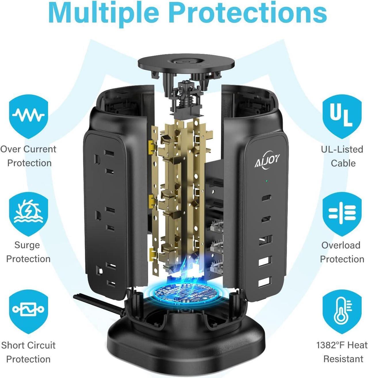 Alt view image 6 of 6 - Flat Plug Power Strip Tower with 9 Outlets and 5 USB Ports (2 USB C), AiJoy Surge Protector with 6.5 Feet 1625W/13A Extension Cord, 1200J Surge Protection for Home Office Supplies Desk Accessories