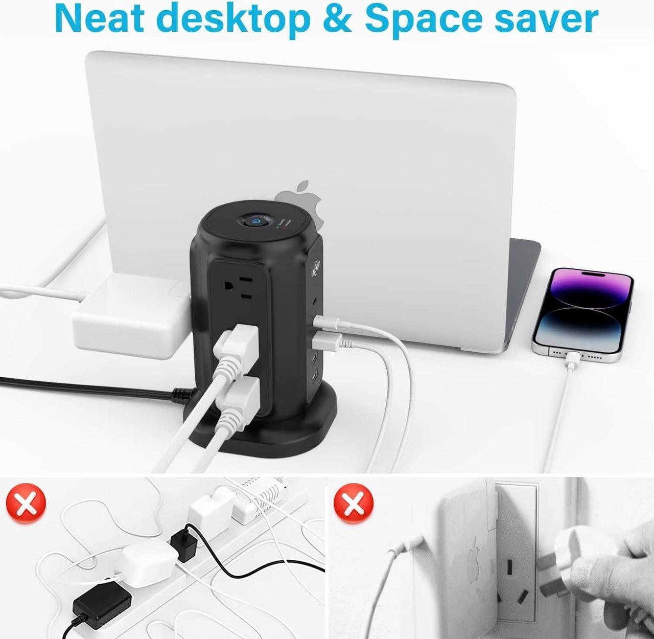 Alt view image 5 of 6 - Flat Plug Power Strip Tower with 9 Outlets and 5 USB Ports (2 USB C), AiJoy Surge Protector with 6.5 Feet 1625W/13A Extension Cord, 1200J Surge Protection for Home Office Supplies Desk Accessories