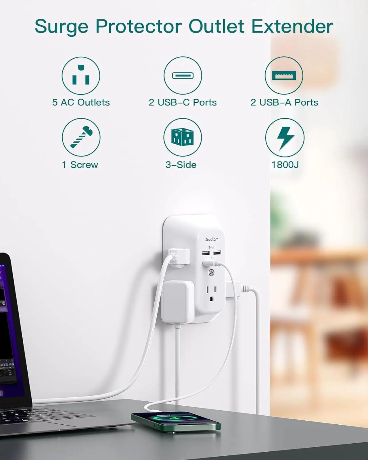 Alt view image 2 of 7 - Surge Protector Outlet Extender - Addtam 5-Outlet Splitter with 4 USB Wall Charger(2 USB-C Ports), Multi Plug Outlet Power Strip for Home, Dorm Room Essentials