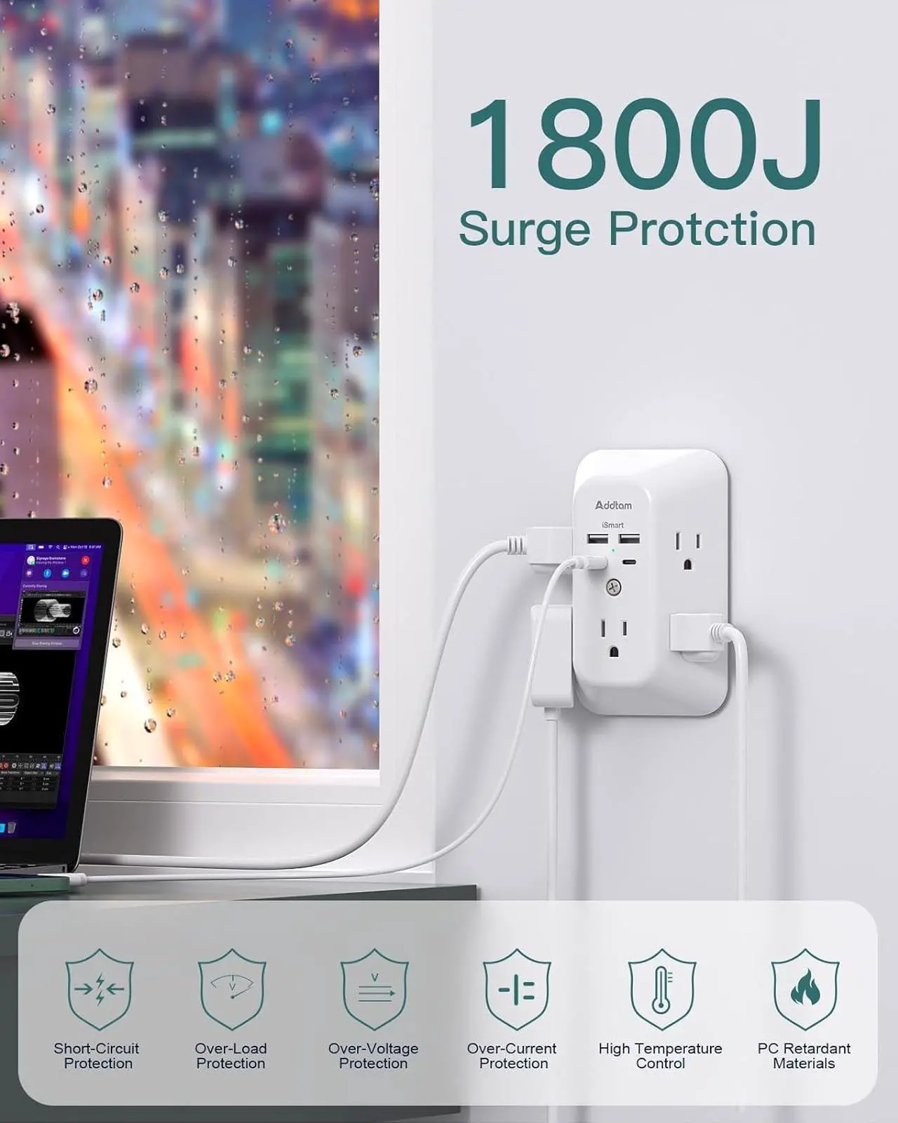 Alt view image 4 of 7 - Surge Protector Outlet Extender - Addtam 5-Outlet Splitter with 4 USB Wall Charger(2 USB-C Ports), Multi Plug Outlet Power Strip for Home, Dorm Room Essentials
