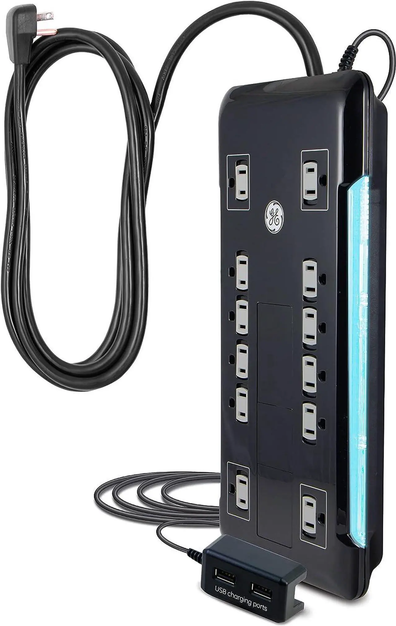 Main image of GE UltraPro 12 Outlet Surge Protector, Tethered 2 USB Ports, 8 Ft Power Cord, 4320 Joules, Flat Plug, Power Filter, Circuit Breaker, Warranty, UL Listed, Black, 11824