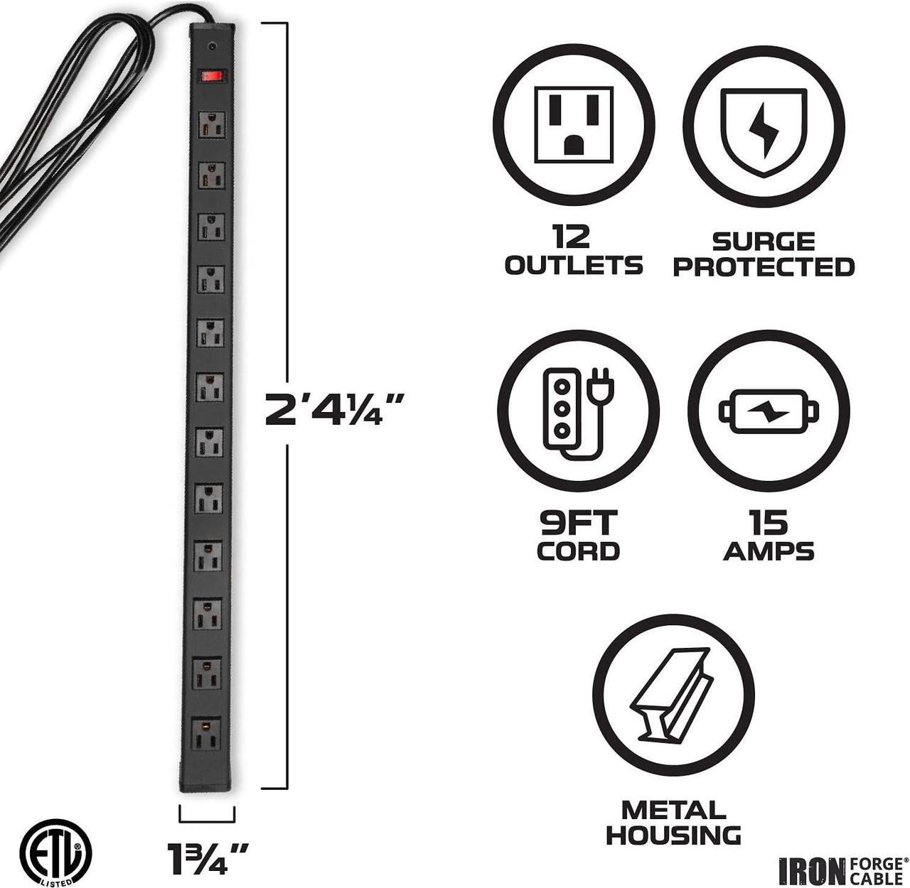 Alt view image 2 of 6 - Iron Forge Cable 12 Outlet Power Strip Surge Protector - 14/3 Heavy Duty Rack Mount Power Strips 12 Port 9 Ft Extension Cord 3 Prong, Smart Circuit Breaker 450 Joule 15 AMP Aluminum Surge Protector