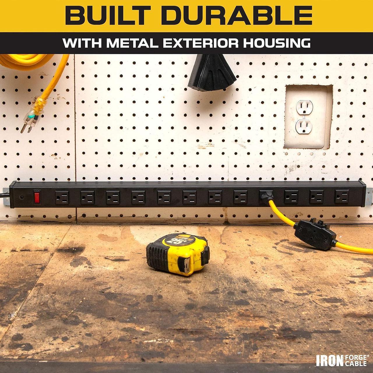 Alt view image 3 of 6 - Iron Forge Cable 12 Outlet Power Strip Surge Protector - 14/3 Heavy Duty Rack Mount Power Strips 12 Port 9 Ft Extension Cord 3 Prong, Smart Circuit Breaker 450 Joule 15 AMP Aluminum Surge Protector