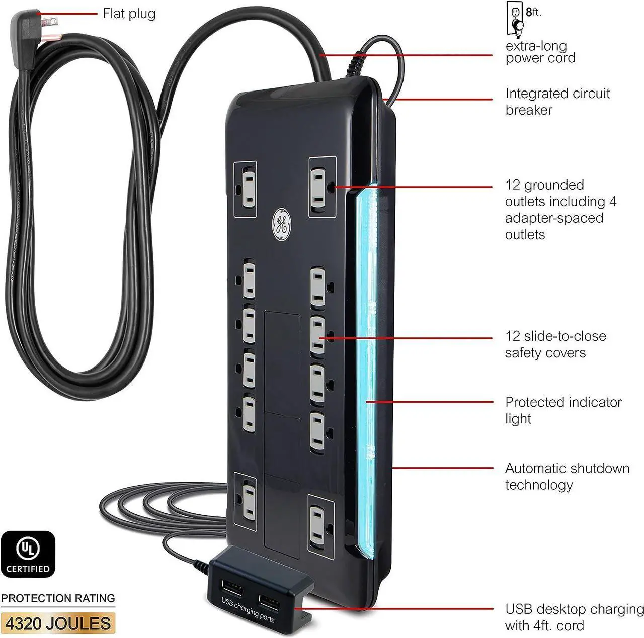 Alt view image 2 of 7 - GE UltraPro 12 Outlet Surge Protector, Tethered 2 USB Ports, 8 Ft Power Cord, 4320 Joules, Flat Plug, Power Filter, Circuit Breaker, Warranty, UL Listed, Black, 11824