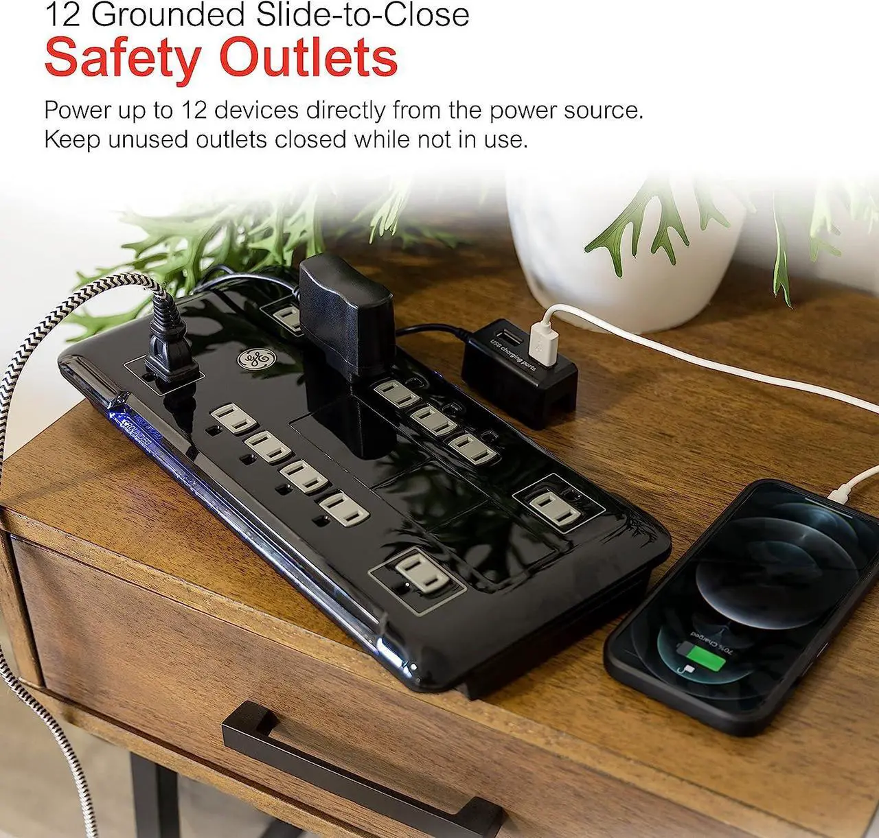 Alt view image 3 of 7 - GE UltraPro 12 Outlet Surge Protector, Tethered 2 USB Ports, 8 Ft Power Cord, 4320 Joules, Flat Plug, Power Filter, Circuit Breaker, Warranty, UL Listed, Black, 11824