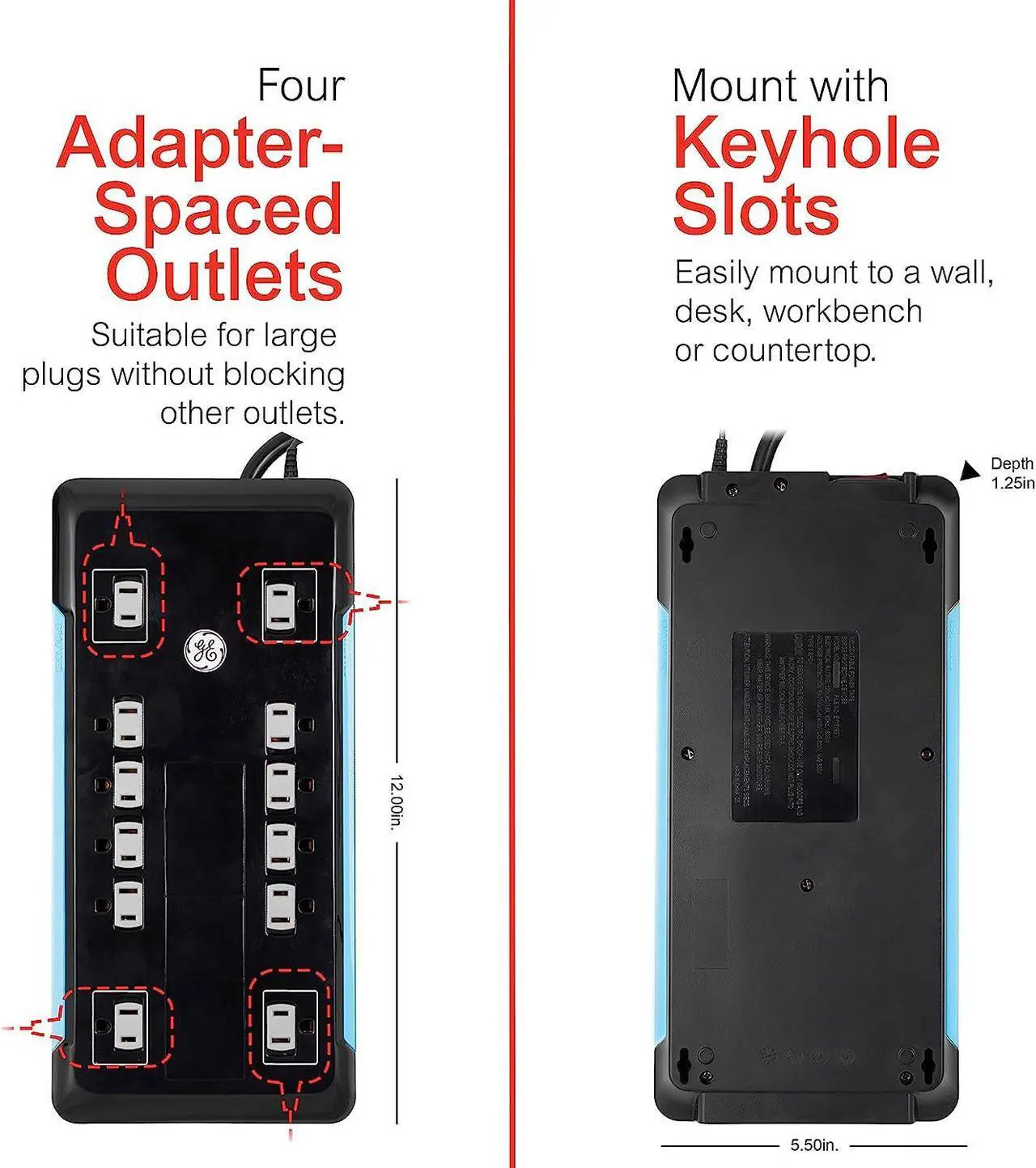 Alt view image 5 of 7 - GE UltraPro 12 Outlet Surge Protector, Tethered 2 USB Ports, 8 Ft Power Cord, 4320 Joules, Flat Plug, Power Filter, Circuit Breaker, Warranty, UL Listed, Black, 11824