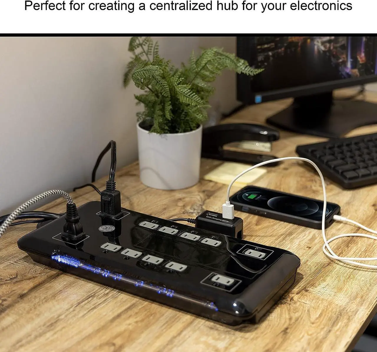 Alt view image 7 of 7 - GE UltraPro 12 Outlet Surge Protector, Tethered 2 USB Ports, 8 Ft Power Cord, 4320 Joules, Flat Plug, Power Filter, Circuit Breaker, Warranty, UL Listed, Black, 11824