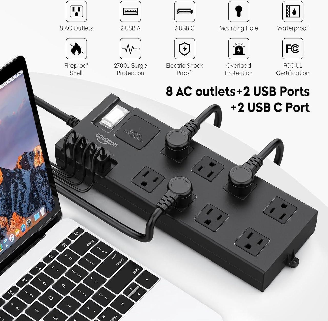 Alt view image 2 of 7 - Surge Protector Power Strip Waterproof, Outdoor Extension Cord Multiple Outlets with USB A + C Ports, Waterproof Electrical Box Electrical Outlet Box Extender Power Strip 6ft 10ft 15ft 20ft Cord