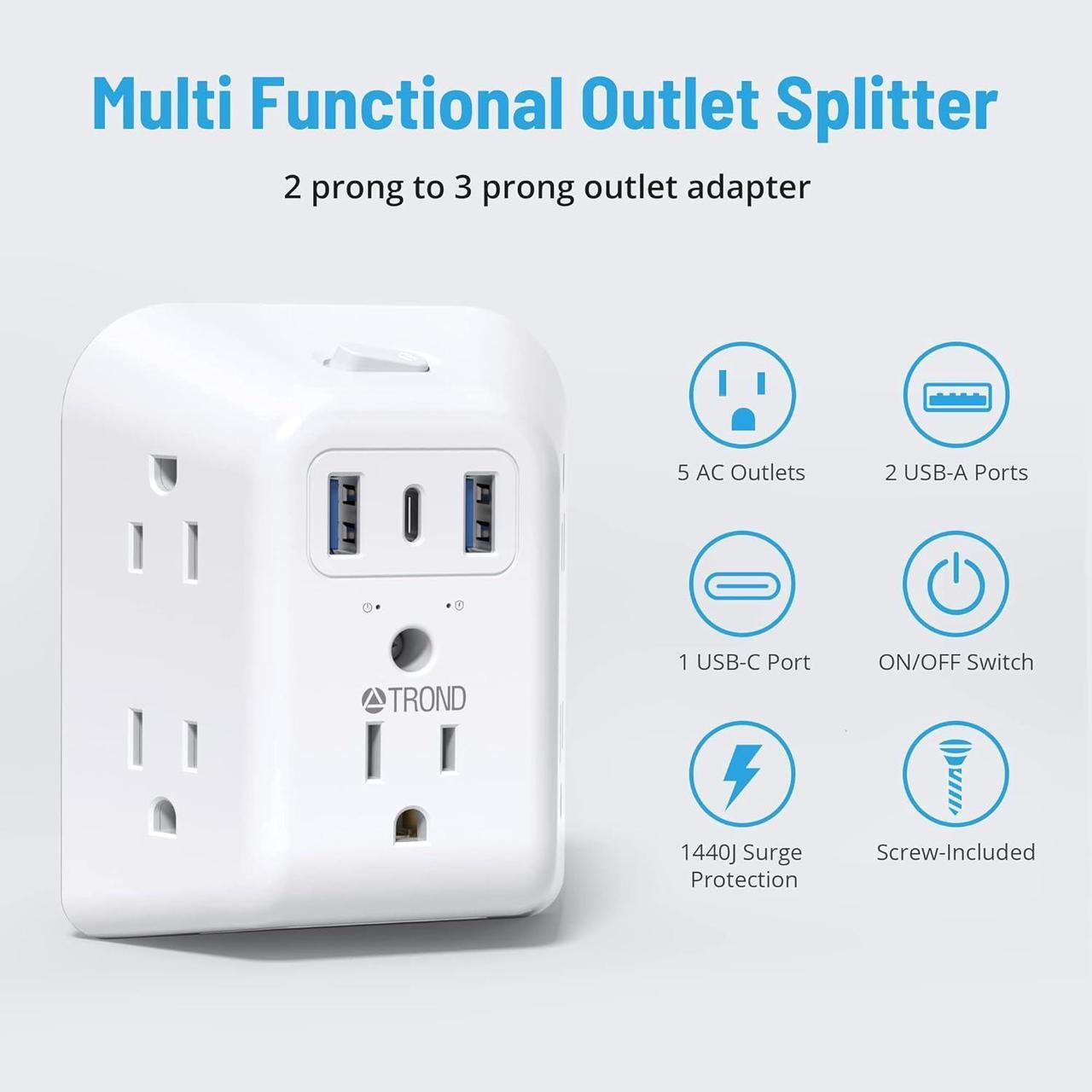 Alt view image 2 of 7 - 2 Prong Power Strip USB 2 to 3 Prong Outlet Adapter 5 Outlet Splitter with 3 USB Ports(1 USB C) Wall Mount 1440J Surge Protector with ON/OFF Polarized Plug for Non-Grounded Outlet Old House