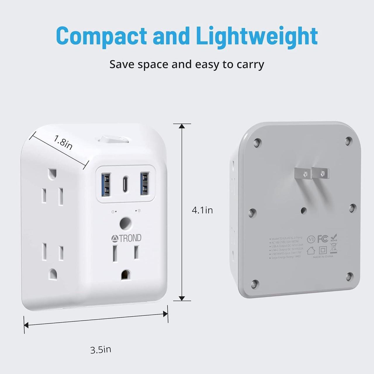 Alt view image 7 of 7 - 2 Prong Power Strip USB 2 to 3 Prong Outlet Adapter 5 Outlet Splitter with 3 USB Ports(1 USB C) Wall Mount 1440J Surge Protector with ON/OFF Polarized Plug for Non-Grounded Outlet Old House