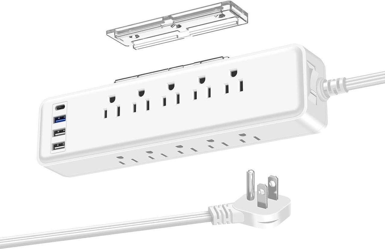 Main image of Under Desk Power Strip Surge Protector PD 20W USB C,2 Side Outlet Extender,with Power Strip Holder,Adhesive Wall Mountable,10 Outlets,Extra Thin Flat Plug,15FT Slim Extension Cord,White