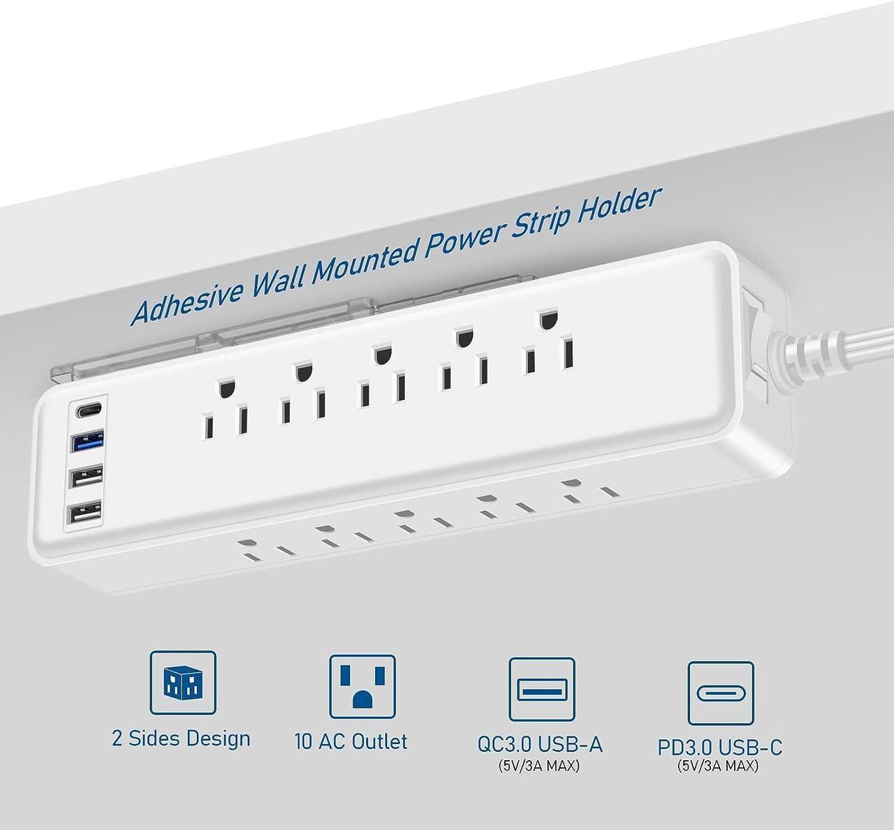 Alt view image 2 of 7 - Under Desk Power Strip Surge Protector PD 20W USB C,2 Side Outlet Extender,with Power Strip Holder,Adhesive Wall Mountable,10 Outlets,Extra Thin Flat Plug,15FT Slim Extension Cord,White