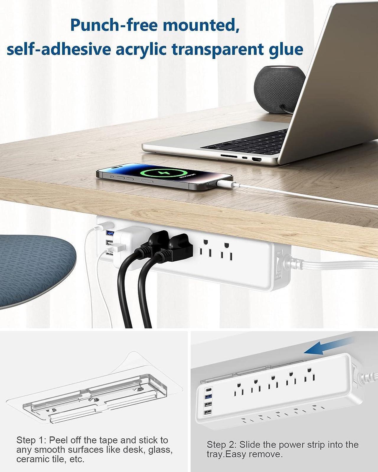 Alt view image 5 of 7 - Under Desk Power Strip Surge Protector PD 20W USB C,2 Side Outlet Extender,with Power Strip Holder,Adhesive Wall Mountable,10 Outlets,Extra Thin Flat Plug,15FT Slim Extension Cord,White
