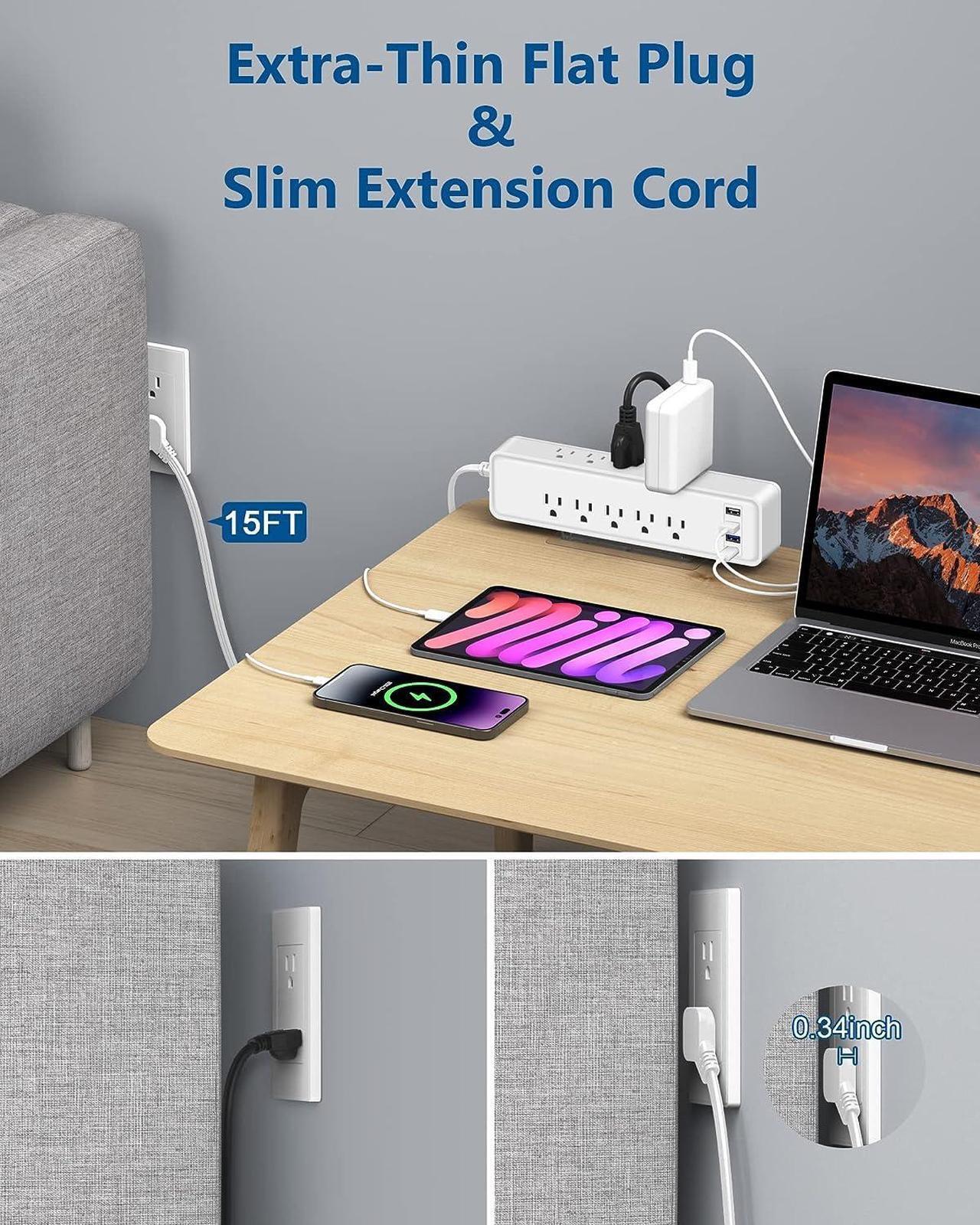 Alt view image 3 of 7 - Under Desk Power Strip Surge Protector PD 20W USB C,2 Side Outlet Extender,with Power Strip Holder,Adhesive Wall Mountable,10 Outlets,Extra Thin Flat Plug,15FT Slim Extension Cord,White