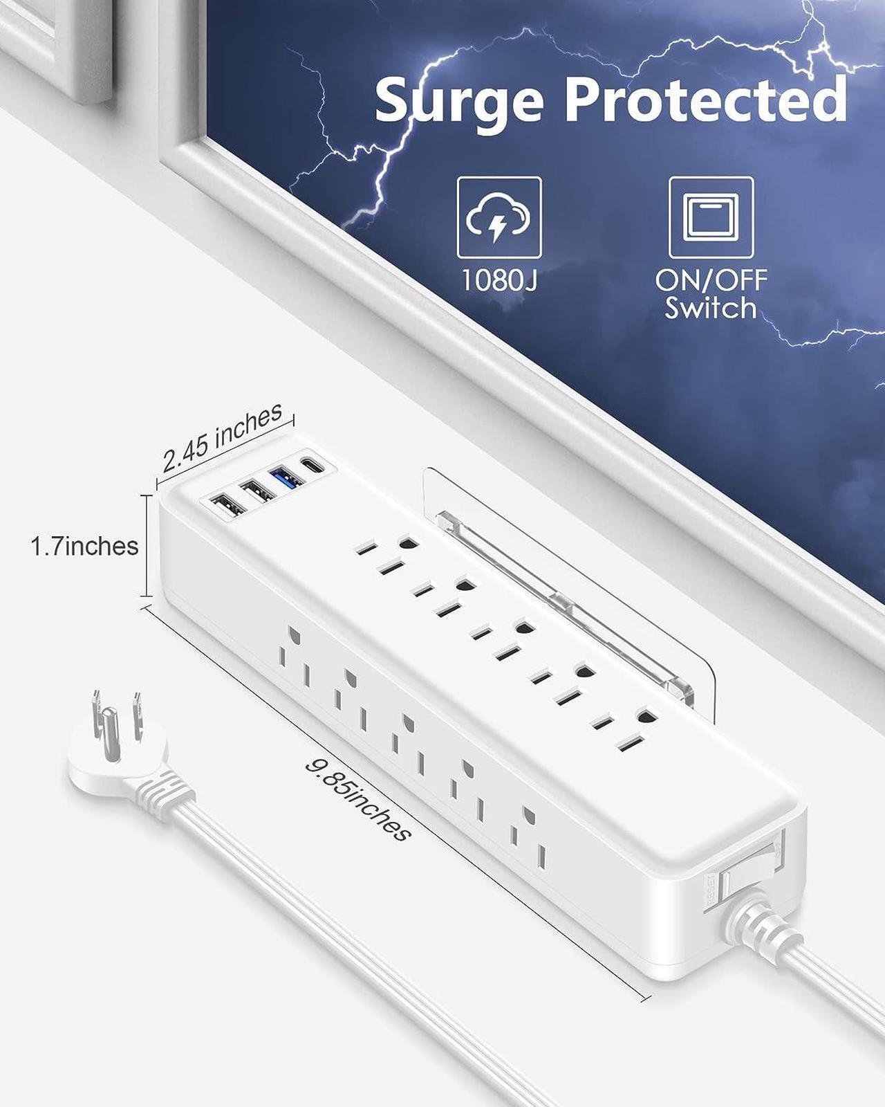 Alt view image 7 of 7 - Under Desk Power Strip Surge Protector PD 20W USB C,2 Side Outlet Extender,with Power Strip Holder,Adhesive Wall Mountable,10 Outlets,Extra Thin Flat Plug,15FT Slim Extension Cord,White