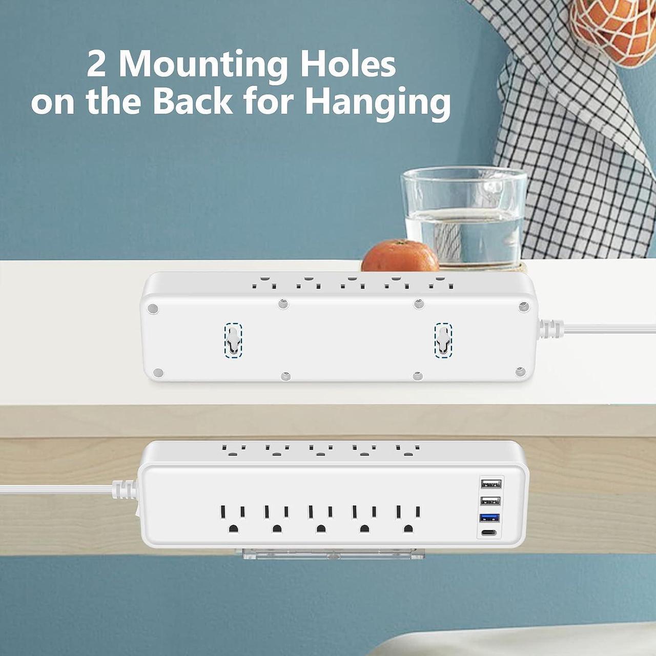 Alt view image 6 of 7 - Under Desk Power Strip Surge Protector PD 20W USB C,2 Side Outlet Extender,with Power Strip Holder,Adhesive Wall Mountable,10 Outlets,Extra Thin Flat Plug,15FT Slim Extension Cord,White