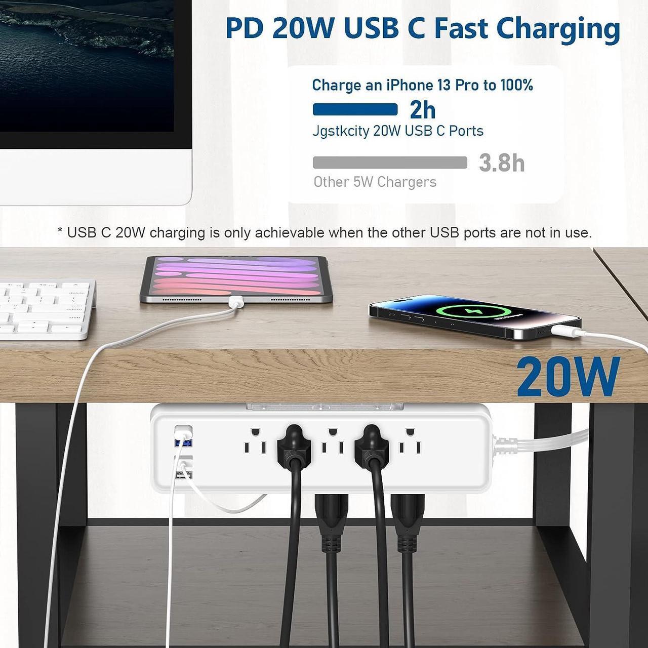 Alt view image 4 of 7 - Under Desk Power Strip Surge Protector PD 20W USB C,2 Side Outlet Extender,with Power Strip Holder,Adhesive Wall Mountable,10 Outlets,Extra Thin Flat Plug,15FT Slim Extension Cord,White