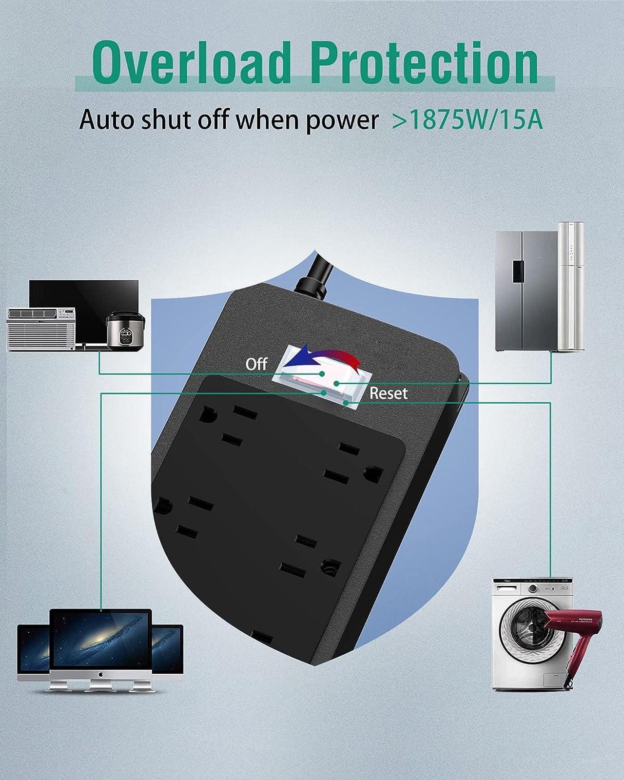 Alt view image 5 of 6 - Outdoor Power Strip Weatherproof with 3 USB Ports, Outdoor Surge Protector Waterproof 6 Outlets 6 ft Extension Cord, Overload Protection, Mountable for Bathroom Kitchen Patio Cruise Ship Black