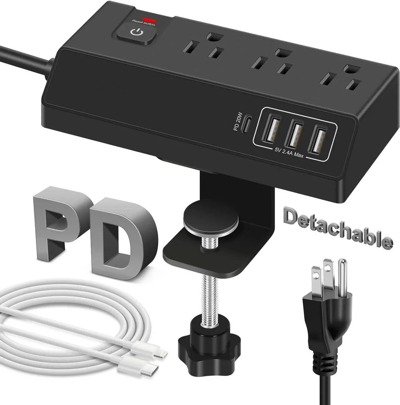 Main image of Desk Clamp Power Strip USB C (20W PD Fast Charging) - Desktop Surge Protector with 3 Outlets 4 USB Ports - Edge Mount Power Strip Desk Outlet Station Plug Extender - Phone Office Desk Accessories