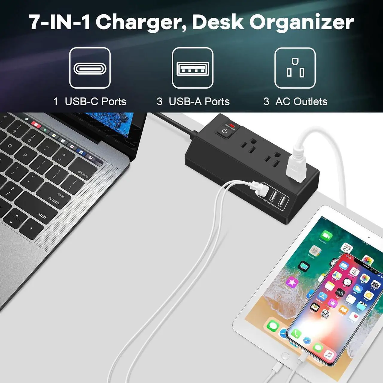 Alt view image 3 of 7 - Desk Clamp Power Strip USB C (20W PD Fast Charging) - Desktop Surge Protector with 3 Outlets 4 USB Ports - Edge Mount Power Strip Desk Outlet Station Plug Extender - Phone Office Desk Accessories