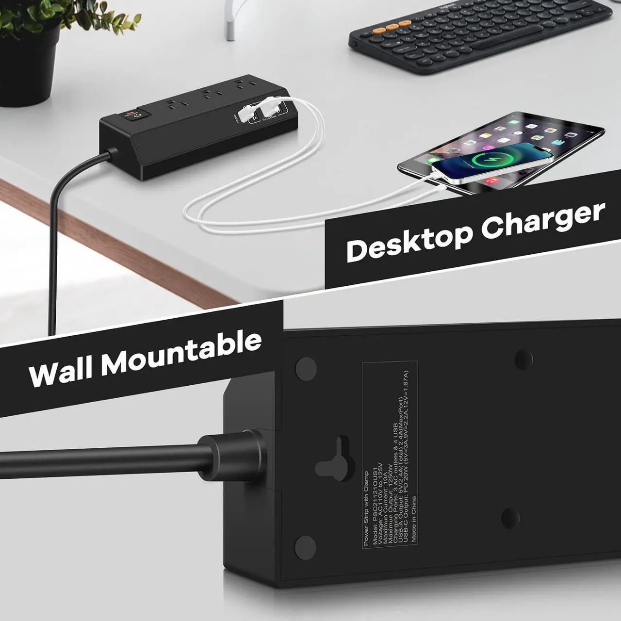 Alt view image 7 of 7 - Desk Clamp Power Strip USB C (20W PD Fast Charging) - Desktop Surge Protector with 3 Outlets 4 USB Ports - Edge Mount Power Strip Desk Outlet Station Plug Extender - Phone Office Desk Accessories