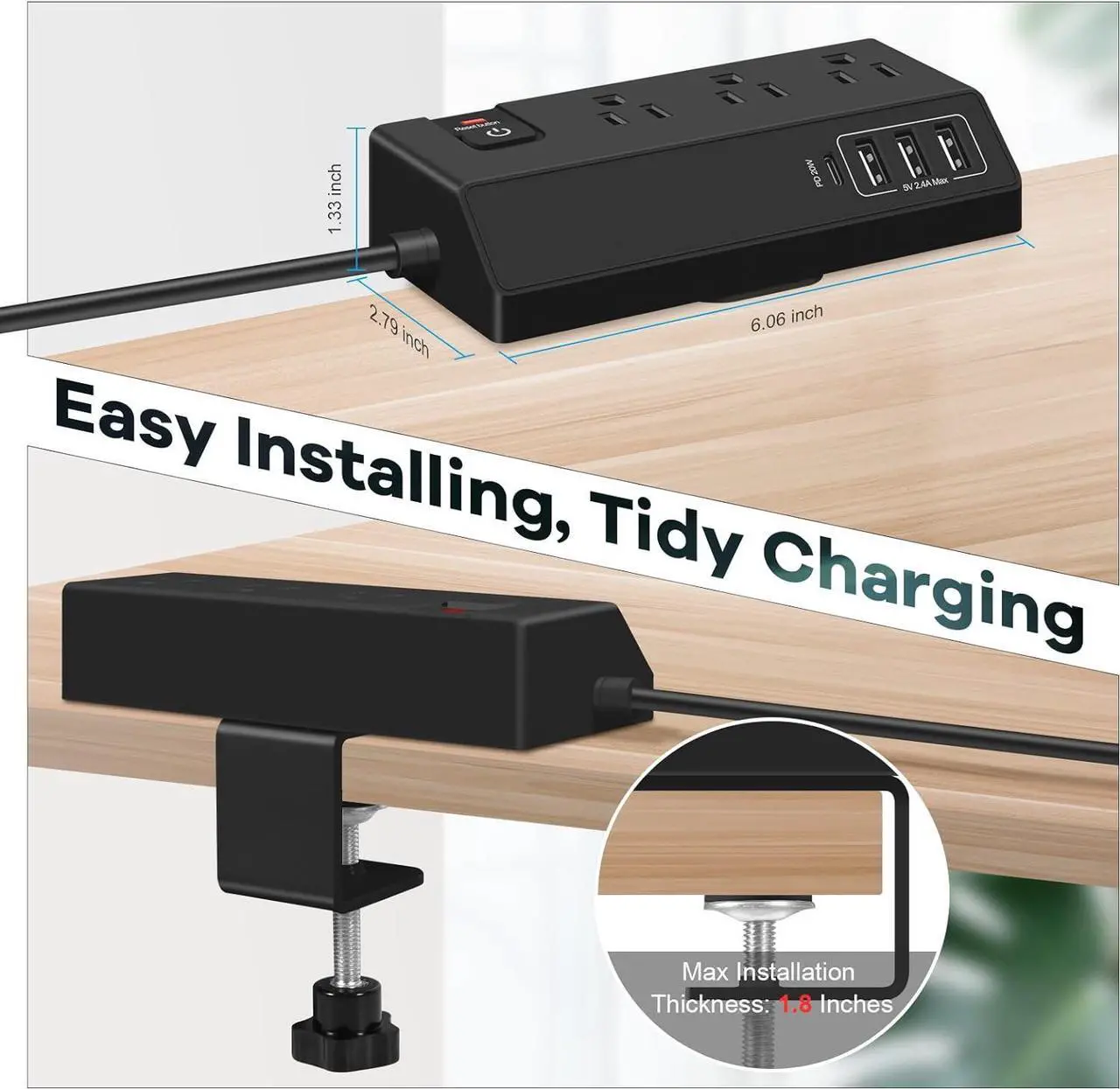 Alt view image 6 of 7 - Desk Clamp Power Strip USB C (20W PD Fast Charging) - Desktop Surge Protector with 3 Outlets 4 USB Ports - Edge Mount Power Strip Desk Outlet Station Plug Extender - Phone Office Desk Accessories