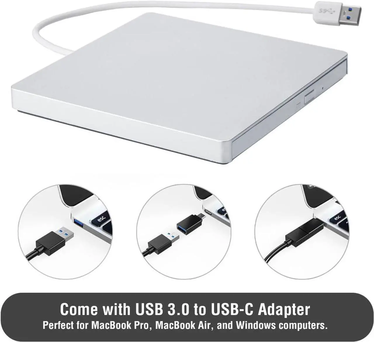 Alt view image 3 of 7 - External CD/DVD Drive for Mac, CD Burner USB 3.0 Portable CD-ROM DVD+/-RW Disc Player Burner Reader Writer Optical Drive for Apple Mac MacBook Pro/Air, Windows 11/10 Laptop PC, Silver