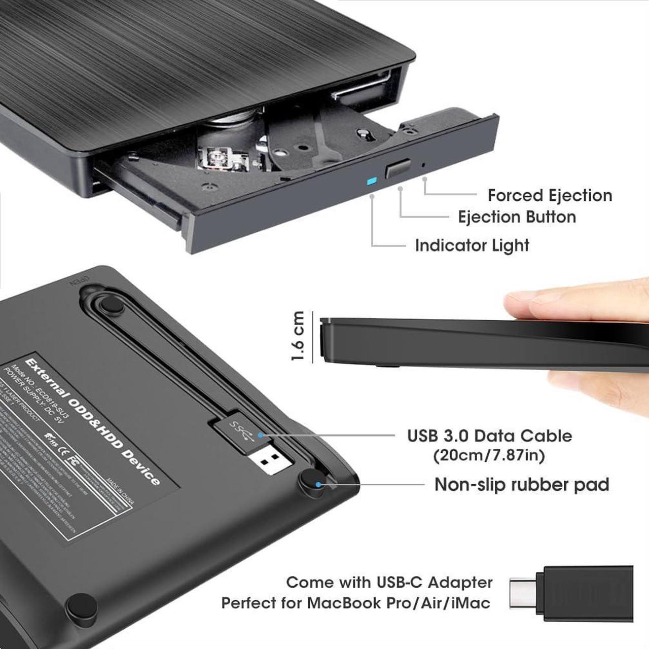 Alt view image 5 of 7 - External CD/DVD Drive USB 3.0 Portable CD DVD Player Burner Reader Writer CD/DVD-ROM +/-RW Optical Disk Drive for Laptop PC Mac Windows 11/10/8/7 Linux Computer with Carrying Case