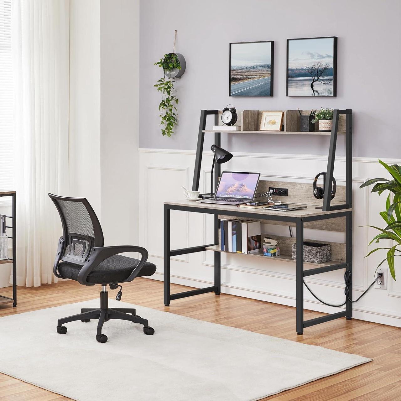 Alt view image 2 of 7 - Yaheetech Home Office 47 Inch Writing Desk with Power Outlets and 2 USB Charging Ports for Studying, Gaming Table Computer Desk with Hutch and Bookshelf, Metal Frame Workstation for Office, Gray