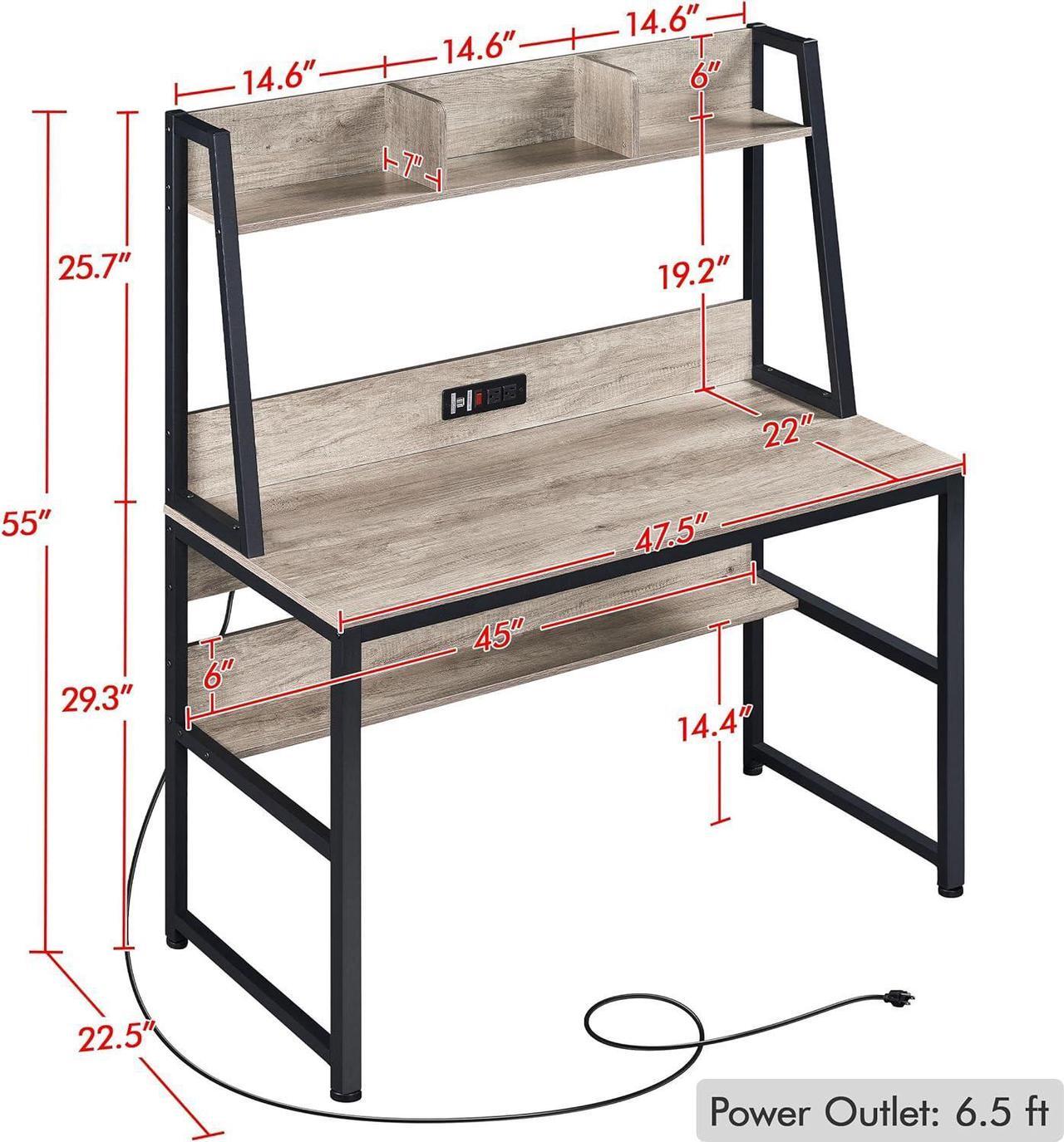 Alt view image 3 of 7 - Yaheetech Home Office 47 Inch Writing Desk with Power Outlets and 2 USB Charging Ports for Studying, Gaming Table Computer Desk with Hutch and Bookshelf, Metal Frame Workstation for Office, Gray