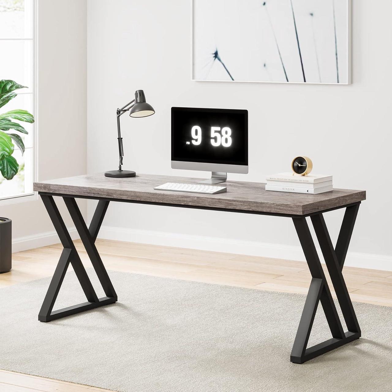 Alt view image 3 of 7 - Tribesigns Writing Computer Desk, 55 inch Heavy Duty Study Desk with Z-Shaped Metal Leg, Modern Simple Home Office Computer Desk, Grey