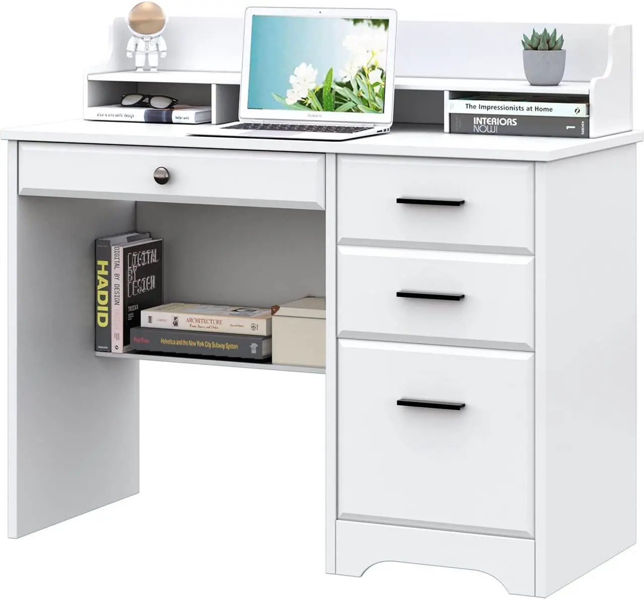 Main image of Catrimown Computer Desk with Storage Drawers and Hutch, 44 Inch Home Office Desks with 4 Drawers & Monitor Stand for Small Space, Small White Desk Writing Table Study Desks for Bedroom, White