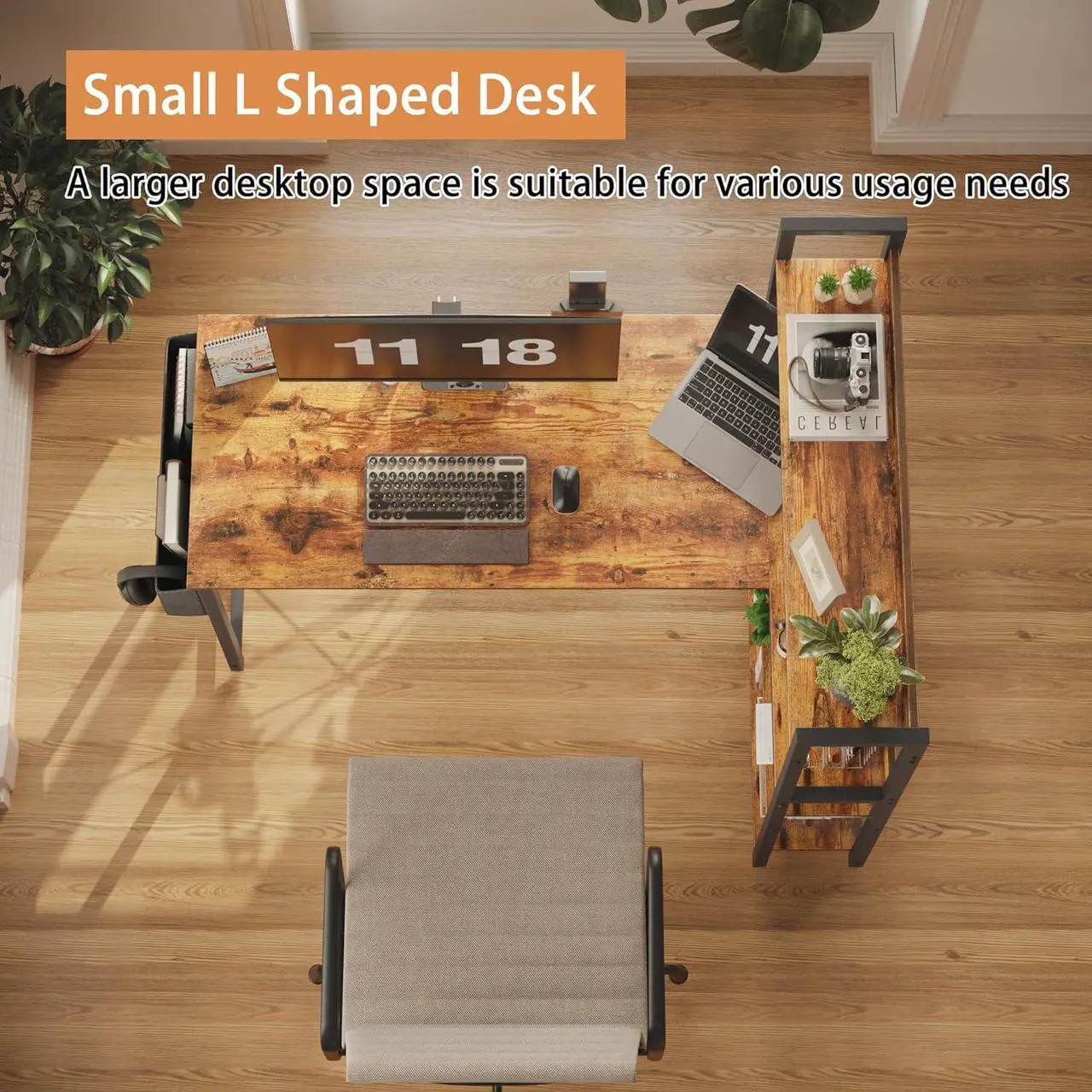 Alt view image 6 of 7 - Treesland 47 Inch Computer Desk with Bookshelf, Corner Desk with Storage, L Shaped Desk, Home Office Desks, Writing Study Desk for Bedroom, Brown