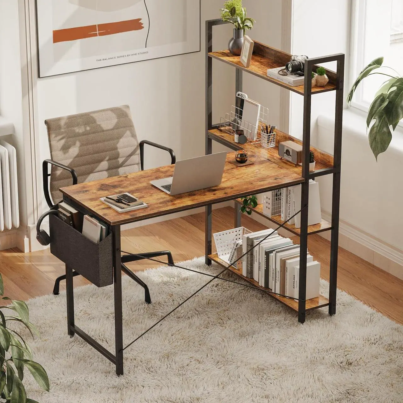 Alt view image 3 of 7 - Treesland 47 Inch Computer Desk with Bookshelf, Corner Desk with Storage, L Shaped Desk, Home Office Desks, Writing Study Desk for Bedroom, Brown