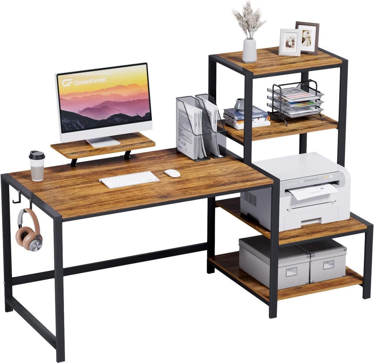Main image of GreenForest Computer Desk 58 inch with Storage Printer Shelf Reversible Home Office Desk with Movable Monitor Stand and 2 Headphone Hooks for Study Writing PC Gaming Working, Walnut