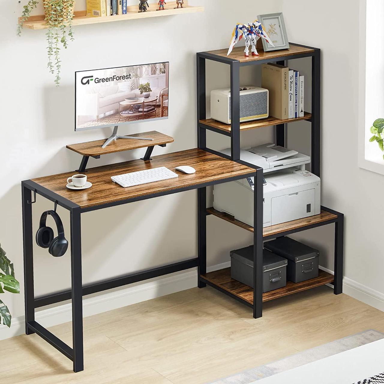 Alt view image 2 of 7 - GreenForest Computer Desk 58 inch with Storage Printer Shelf Reversible Home Office Desk with Movable Monitor Stand and 2 Headphone Hooks for Study Writing PC Gaming Working, Walnut